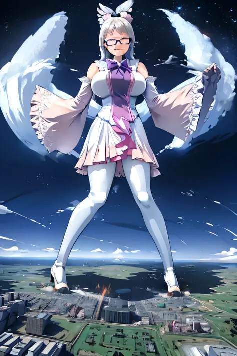 giantess art, highly detailed giantess shots, giantess, Two legs, Five fingers, A beautiful girl who is bigger than a skyscraper, Wearing rimless glasses, smile, huge breasts, blue and white magical girl dress, bow, magical girl, holding a magical wand, bl...