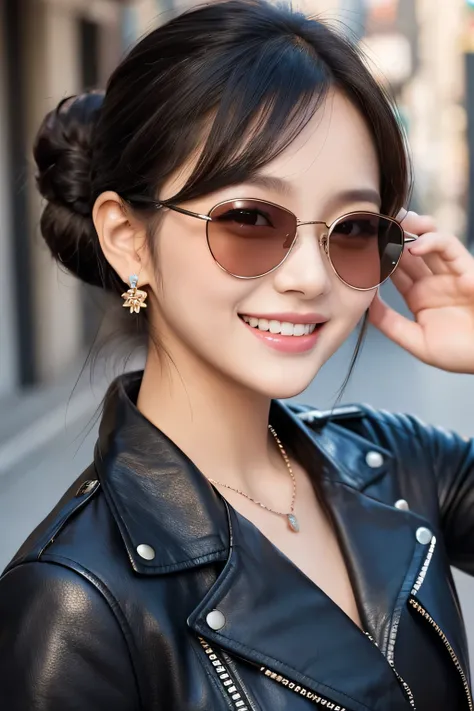 Beautiful young woman of the year、 Korean women、Black Hair、Hairstyle bun、Necklace around the neck、sunglasses、leather jacket、shirt、smile, Beautiful teeth alignment、Intricate details, Very detailed:1.2), 、 Looking into the camera,The background is the town、E...