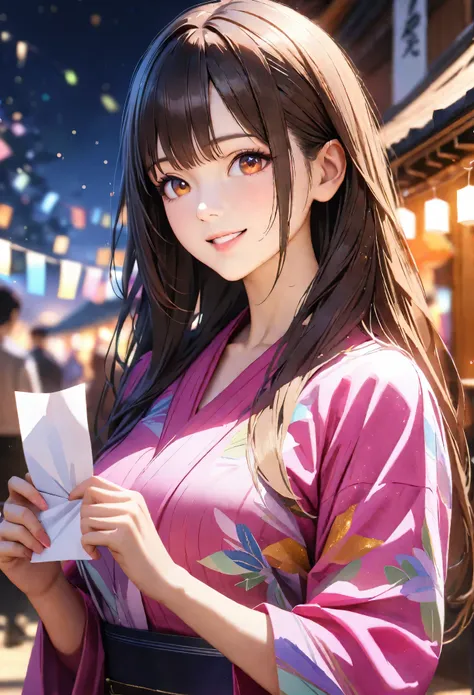 tanabata,night, yukata, holding a strip of paper,blur the background,high school girls,long hair,smile,glitter effect,highest qu...