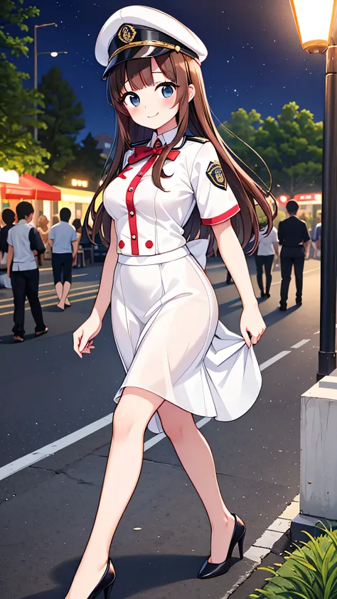 {highest quality], [Super beautiful], [Ultra fine], [Best illustration], NSFW,Brown Hair, Hime cut, Long Hair, With bangs, girl, Uniform cap,Security uniform, smile, blush, Slender women,Short sleeve,Long straight skirt, Adult women,walk,(Public）Night Park...