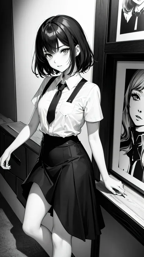 (Noir comic style illustration:1.2),(Black and White_High Contrast),One Girl,Line art,Monochrome,sketch,Pencil drawing,Traditional Media,One Girl,skirt,Short sleeve、Are standing, (Cute Teenage Girls, alone),Beautiful portrait、Delicate body、Respect、Sketch B...