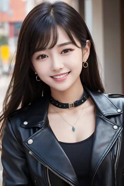 Beautiful young woman of the year、 Korean women、Black Hair、Necklace around the neck、leather jacket、shirt、smile, Beautiful teeth alignment、Intricate details, Very detailed:1.2), 、 Looking into the camera,The background is the town、Ear piercing

、Ear piercin...