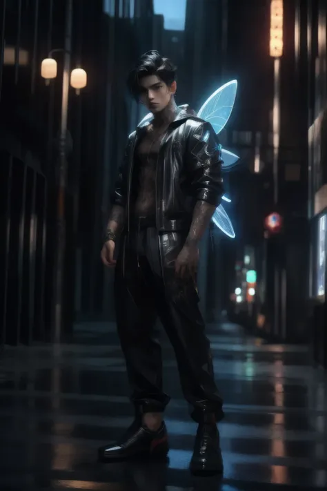 1boy, solo, male focus, looking at viewer, half body, standing, release fairy technique, glowing, black hair, pants, tattoo, muscular, movie light, movie lens, movie special effects, detailed details, 
colorful, 