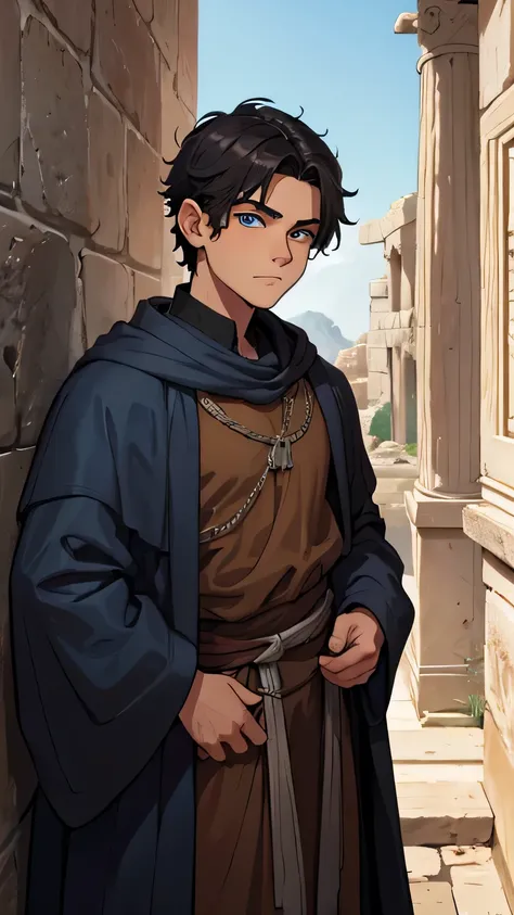 14 year old boy, blue eyes, dark gray hair, dressed in poor brown clothes from the 1st century AD. in an ancient dark Greek house from the 1st century AD, the walls are made of dark house stone