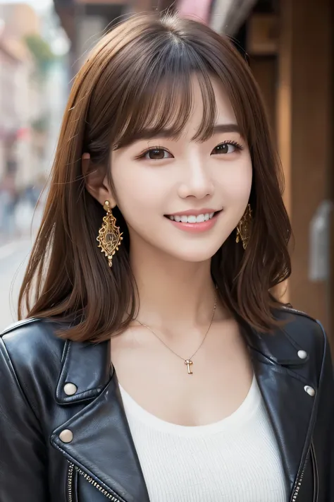 Beautiful young woman of the year、 Korean women、Light brown hair、Necklace around the neck、leather jacket、shirt、smile, Beautiful teeth alignment、Intricate details, Very detailed:1.2), 、 Looking into the camera,The background is the town、Ear piercing

、Ear p...