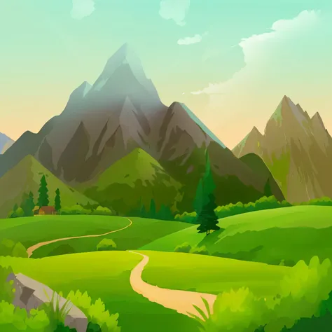 a cartoon illustration of a green mountain landscape with a winding path, beatiful mountain background, landscape wallpaper, mountain background, summer landscape with mountain, mountainous background, mountains background, landscape illustration, natural ...