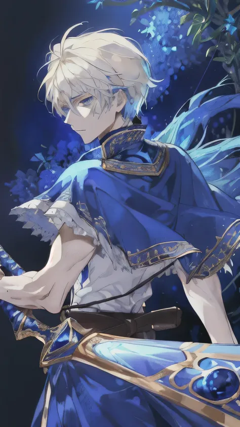 ((masterpiece)), ((best quality)), perfect detailed eyes, perfect detailed face, ((Blue sapphire armor)), knight, long sword, long blade, 20-year-old male, Knights of the Round Table, Arthurian legend, blonde hair, cowboy shot