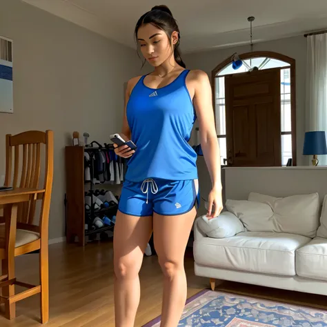 woman in blue shirt and shorts standing in living room using cell phone, wearing fitness gear, wearing a camisole and shorts, wearing track and field suit, wearing a tank top and shorts, sport bra and dark blue shorts, in shorts, sport bra and shorts, side...