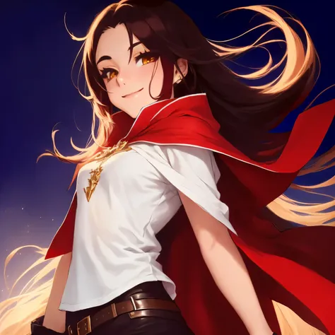 anime character with a Vermelho cape and a white shirt, [[[[sorrindo maldosamente]]]], demon slayer rui Admirador de arte, official Admirador de arte, sorrindo lascivamente, high quality Admirador de arte, commission for high resolution, ((Vermelho)) olhos...