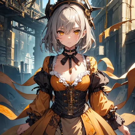 masterpiece, highest quality, Perfect Face, Highest Resolution, Highest quality,Detailed depiction of the eyes, 1 girl, young, slender body, Short, deep tan skin, slate gray hair, short  hair, upturned eyes, Yellow Orange eyes, Perfect Anatomy, steampunk, ...