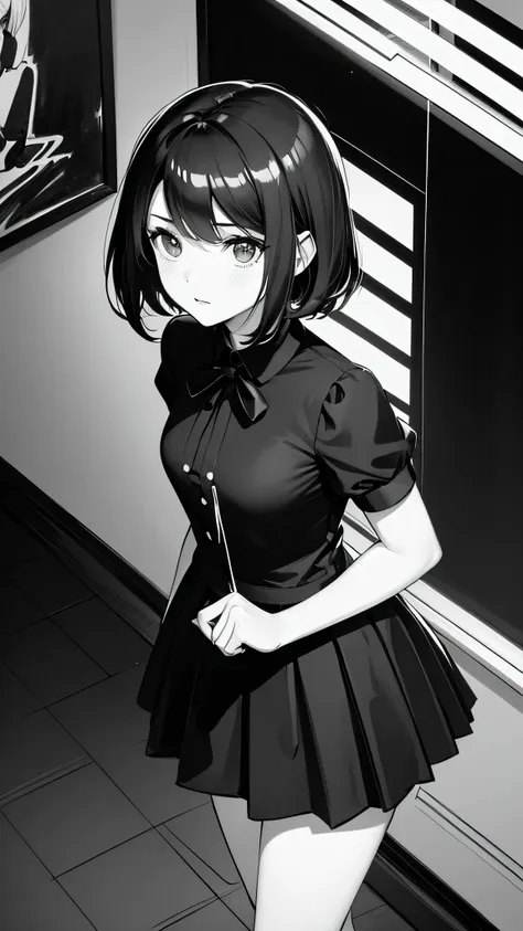 (Noir comic style illustration:1.2),(Black and White_High Contrast),One Girl,Line art,Monochrome,sketch,Pencil drawing,Traditional Media,One Girl,skirt,Short sleeve、Are standing, (Cute Teenage Girls, alone),Beautiful portrait、Delicate body、Respect、Sketch B...