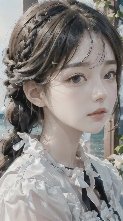 highest quality, Ultra Nothing, Realistic, Beautiful Woman Photos, 30th Generation, Detailed face, Black Messy Fishtail Braid, (Exquisite porcelain doll,Delicate clothing with lots of frills and ribbons), Beach, (Face close-up), Captivating look, View View...