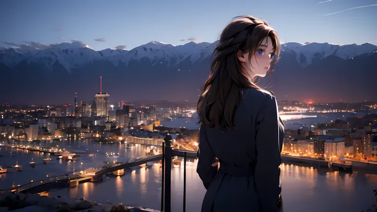 1 girl, medium light brown hair, light blue eyes, wearing black suit, night city, absurdres, high res, ultrasharp, 8K, masterpiece, looking from behind