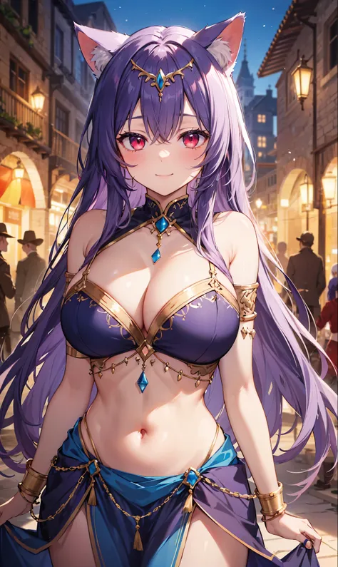 high quality, ultra detailed, best quality, insanely detailed, beautiful, masterpiece, 1girl, medieval plaza, night, cowboy shot, red eyes, long hair, purple hair, belly dancer, cat ears, circlet, armlets, bracelets, bashful smile, large breasts, cleavage,...