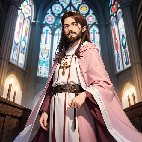 Priest, man, male, guy, tall, robes, 40 years old, brown hair, small beard, pink eyes, grey robes, white robes, church