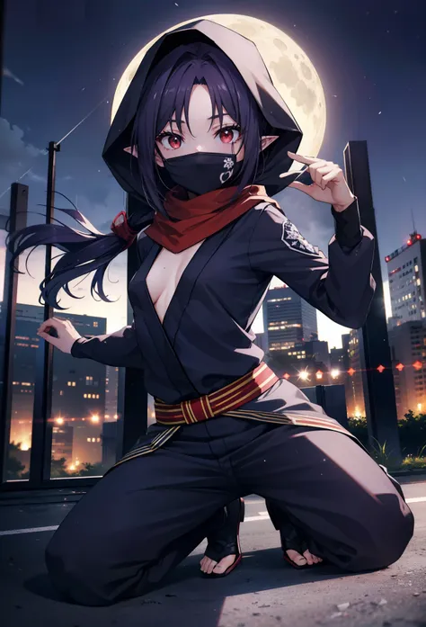 yuukikonno, Yuki Konno, hair band, Long Hair, Pointy Ears, Purple Hair, (Red eyes:1.5), (Small breasts:1.2),Hooded,cover your mouth with a black scarf,strict,black Ninja uniform,Ninja,black Ninja pants,short boots,Action pose,Overlooking the city from the ...