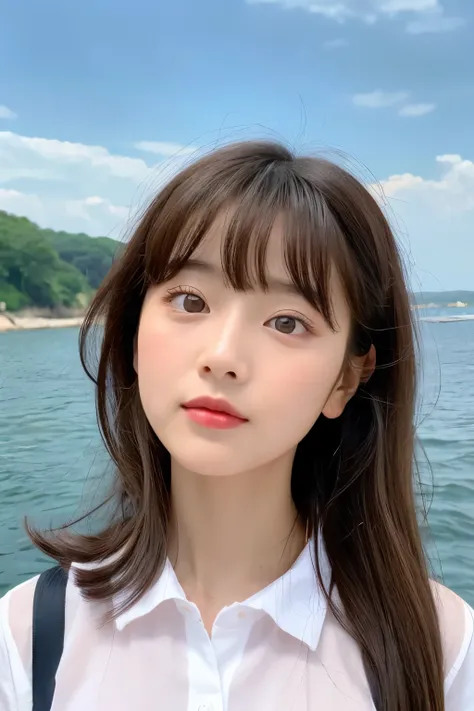 ・A girl with temperament・Delicate facial features・Bangs・Brown ponytail・Messy hair・Hair is very realistic・Wearing a short-sleeved white shirt・The background is sky・Sea view・Du Qiong exquisite makeup・Light red lips・Big eyes・Double eyelids・Black hole・Bright e...