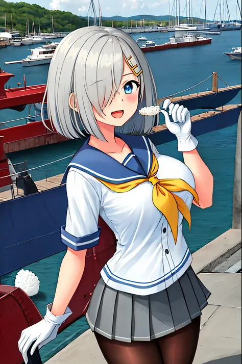 best quality, masterpiece, highres, solo, {hamakaze_kantaicollection:0.90}, 1girl, loli,younger_teen,black_pantyhose, pleated_skirt, serafuku, short_sleeves, simple_background, white_background, yellow_neckerchief, white_gloves, looking_at_viewer, grey_ski...