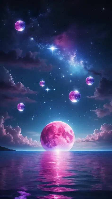 On a starry night with small clouds floating、Magenta and pink moon、Purple and sparkling light blue spheres reflecting light in the ocean。. A space of sparkling stars, It&#39;s a bright neon glow from outer space: Vibrant electric light blue expanse glowing...