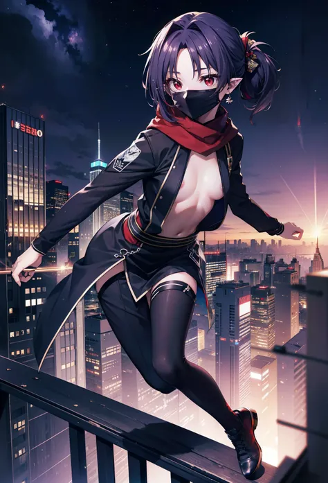 yuukikonno, Yuki Konno, hair band, Long Hair, Pointy Ears, Purple Hair, (Red eyes:1.5), (Small breasts:1.2),Hooded,cover your mouth with a black scarf,strict,black Ninja uniform,Ninja,black Ninja pants,short boots,Action pose,Overlooking the city from the ...