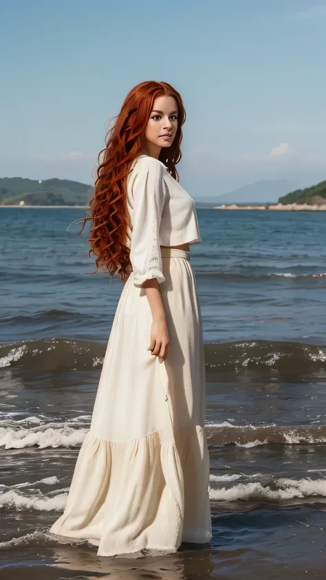 (masterpiece, Best quality, High quality, a high resolution, Super detailed), 1 girl, full_body, Sun skirt, water skirt, wool, tidal wool, ocean, ((long very curly red hair))