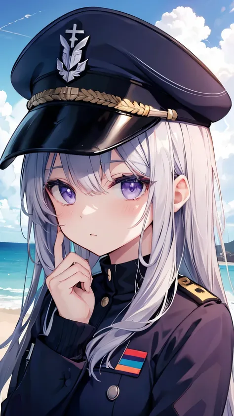 Girl,uniform,military cap,soldier,Ocean軍,Silver Hair,Purple Eyes,Ocean