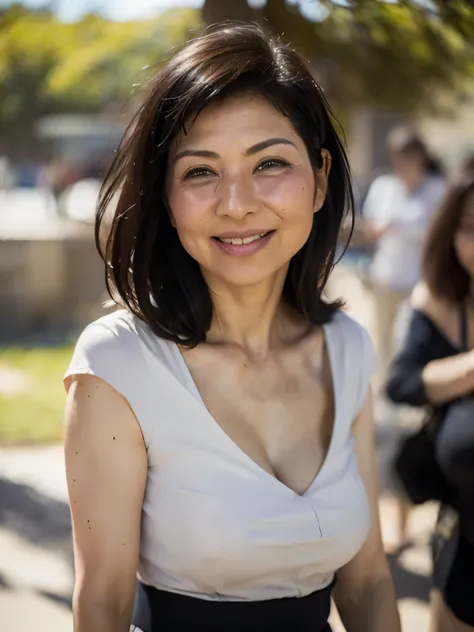 ((highest quality, 8K, Ultra high definition)), ((masterpiece: 1.3)), (Perfect appearance), (Photorealism: 1.6), (JMA), (Portrait of a Japanese mature woman), (Blurred Background: 1.8), (Sunny day in the park), (Woman standing in the shade), ((Looking this...