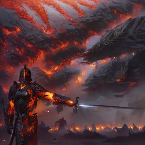 A man wearing a coat、Man holding a sword walking on the battlefield，Epic fantasy art style，epic beautiful art，Medieval style，Epic RPG Portrait，Stunning character art，fighting background，Wide battlefield，Alone，Back，战场上一个男人的Back，The flames spread，The fire bu...