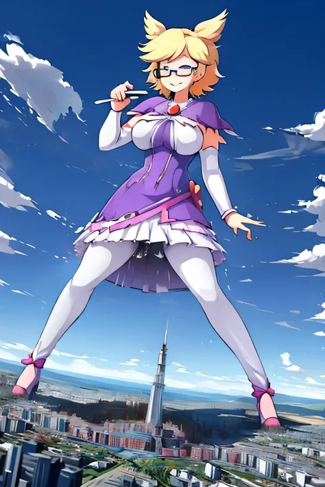 giantess art, highly detailed giantess shots, giantess, Two legs, Five fingers, A beautiful girl who is bigger than a skyscraper, Wearing rimless glasses, smile, huge breasts, blue as the base with some white magical girl dress, bow, magical girl, holding ...