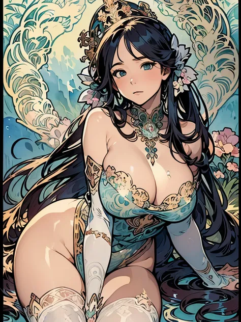 (masterpiece、highest quality、highest quality、Official Art、Beautiful and beautiful:1.2)、(One girl:1.3)Hatsune Miku、Twin tails,Beautiful breasts,((masterpiece)), (highest quality), (Cinematic),  Art Nouveau, ((Watercolor), goddess, Big Breasts, Big eyes, lon...