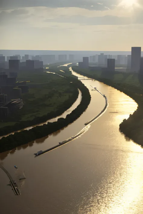 a vast river with many boats floating on its surface, red river, huge river, muddy riverbanks, flowing river, wide-angle view of the river, flooded by high water, beautiful detailed eyes, beautiful detailed lips, extremely detailed eyes and face, long eyel...