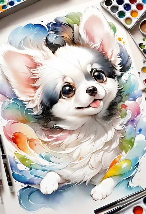 best quality, super fine, 16k, incredibly absurdres, extremely detailed, 2.5D, delicate and dynamic, fusion of watercolors and oil paintings, mix of monochrome and color, funny baby dog portrait, cute face, cute pose