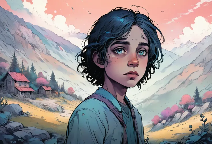 A young boy with mystical wind powers, beautiful detailed eyes, beautiful detailed lips, extremely detailed face, a small rural school in the mountains, fantasy, magical realism, windchild, wind spirit, ethereal, glowing, soft lighting, muted colors, vibra...
