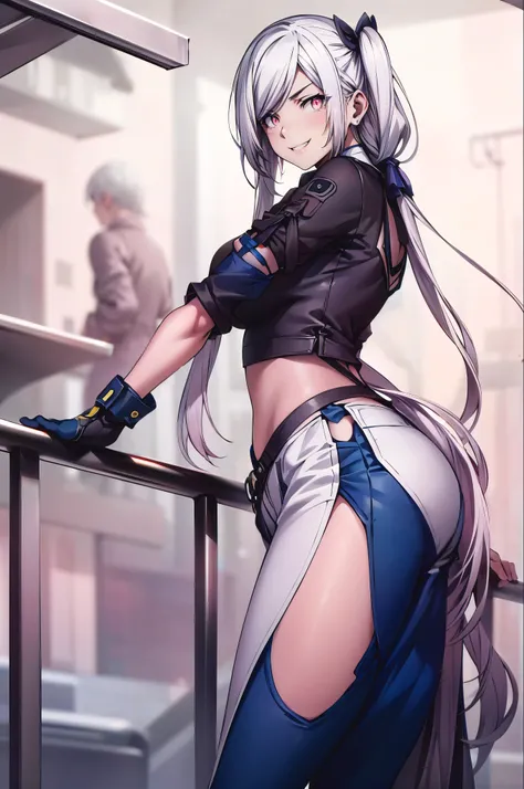 (long hair:1.3), ribbon, twintail, anime girl with white hair and blue pants posing on a railing, 2b, 2 b, 2b nier automata, fubuki, v from devil may cry as an, commission for high res, seductive anime girl, extremely detailed artgerm, chloe price, (sfw) s...