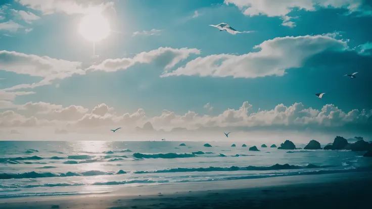 beautiful sea scene, a foggy beach somewhere in asia with birds in the sky, soft shadows, filmgrain