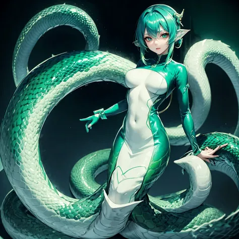 lamia girl. holographic color costume. green snake body. aqua color hair. vampire teeth. cyber ​​style background.