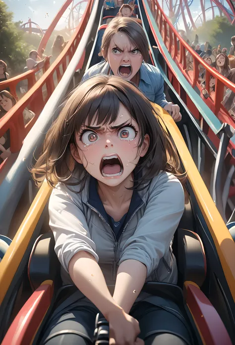 a girl riding in the front row of a roller coaster, a look of disgust, glaring at the audience, 
woman lying face up, a limp bod...