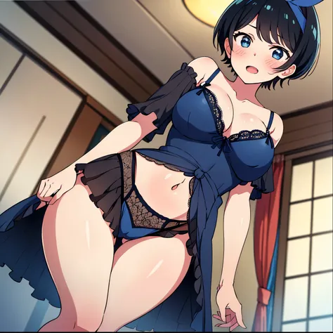 1girl,alone,ruka sarashina,main piece,high quality,high resolution,jewelry,a woman with dark hair,short hair,black hair,held chest,pyjamas,parted lips,blue eyes,blue lingerie with lace ,two lingerie piece, black pantyhose, exposed navel, bare shoulders, In...