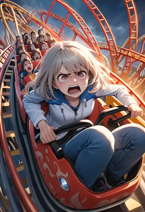 a girl riding in the front row of a roller coaster, a look of disgust, glaring at the audience, 
woman lying face up, a limp bod...