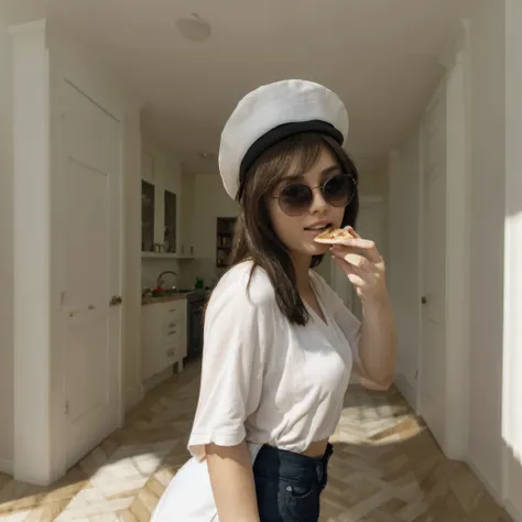 woman wearing a white hat and sunglasses eating a slice of pizza, a portrait, realism