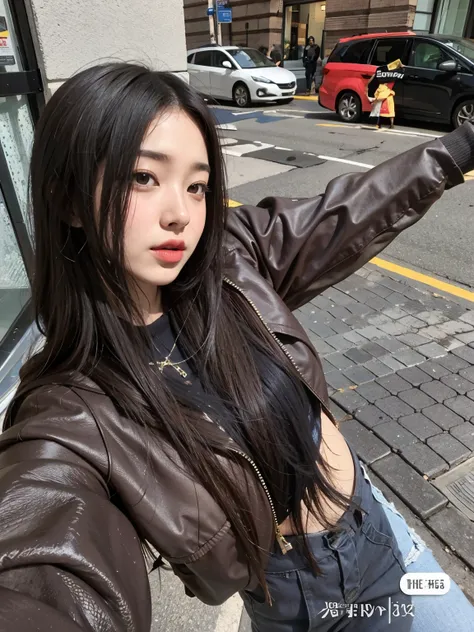 There's a woman taking a selfie on the street., Wearing a maxi brown leather jacket, Best Face, Beautiful young Korean woman, Korean woman, sakimichan, Beautiful Korean Woman, with long hair 아시아 소녀, with long hair, Dilabba Dilmurat, Heonhwa Choi, commo...