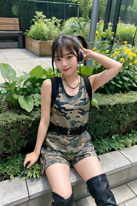 One girl、black hair、ponytail（High position）、Wearing headphones、Camouflage、belt（black）、The rifle is leaning against the bench、Shorts（gray）、Laced boots（gray）、garden、Sit on a bench、Composition from above、You can see the tiles on the ground