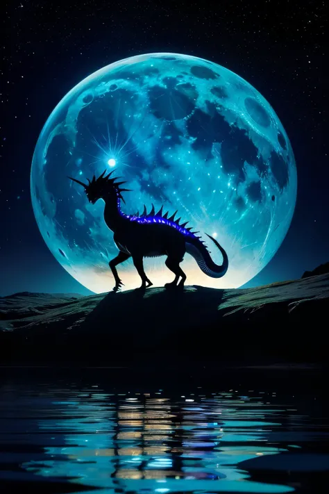 Setting the Scene: Depict a nighttime setting to enhance the full moon and starry sky, creating a serene and mysterious ambiance.

Dragon Silhouette: Place the silhouette of a white dragon as the central element of the design. Consider how the dragons outl...