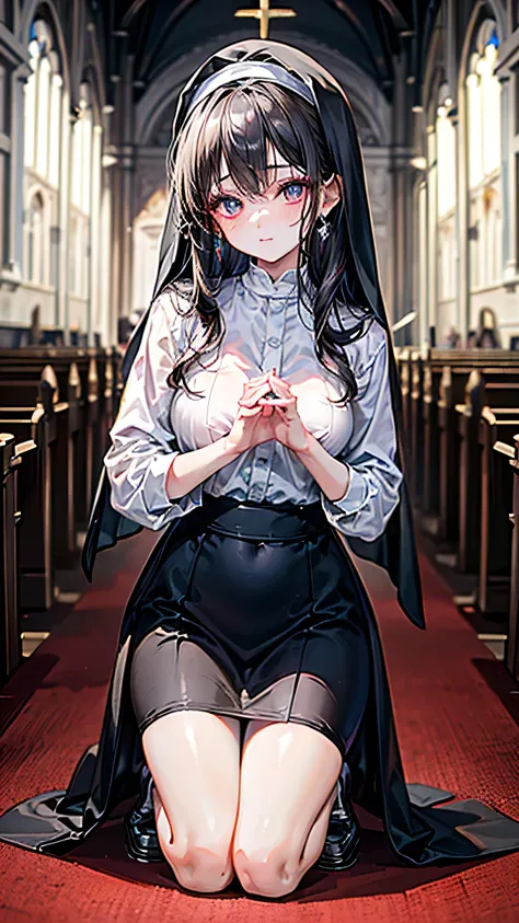 (Best quality, 8k, 32k, Masterpiece, UHD,:1.2),RAW, 1girl,ultra cute , natural lighting,transparent shining eyes, 20yo,medium breast ,fair complexion ,flushed face, nun cassock clothing, praying, kneeling, Church background