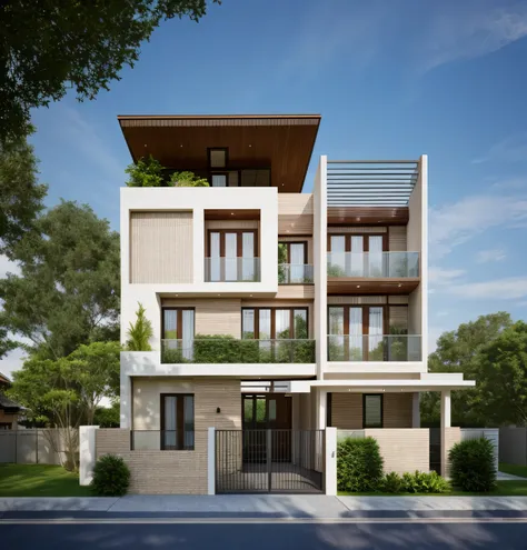 exterior of house, mordern material decorations, (canopy in front of house:1.4), (a road in front of house:1.3), tree, sky, clou...