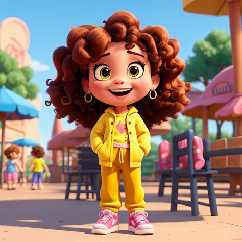 Cartoon character, cute, a girl, afro Brazilian, light brunette color, curly hair, light brown color, curled tied with a pink bow, shiny, small yellow star earrings, brown eyes, huge smile, yellow shirt, sweatpants, black color, big sneakers, white color, ...