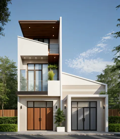 exterior of house, mordern material decorations, (canopy in front of house:1.4), (a road in front of house:1.3), tree, sky, clou...