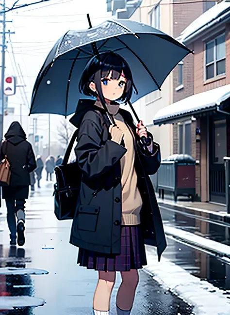 A girl in a uniform holding an umbrella in the snow、Hairstyle: Short bob、The skirt is short、Loose socks