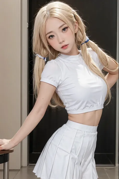 1girl,looking at viewer,school background,,small breasts,blonde,twintails,head tilt,high waist pleated skirt,