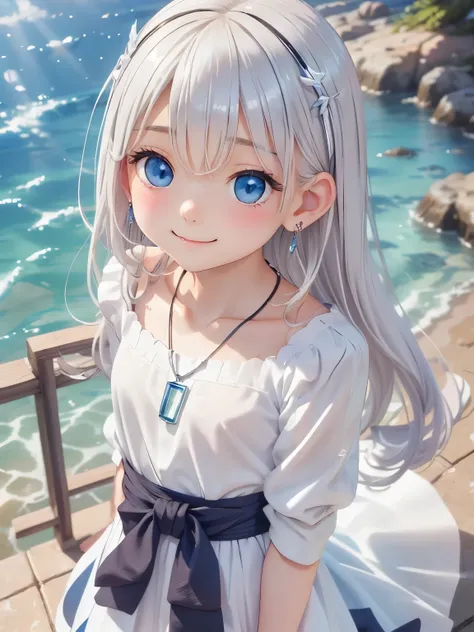 Angels running around Atlantis、Earrings、necklace、Beautiful glowing white skin,、 bright, Refreshing and gentle look, Perfect beautiful pretty face, Shiny platinum blonde straight long hair reaching down to her waist, Beautiful shiny bangs, ((Very beautiful ...